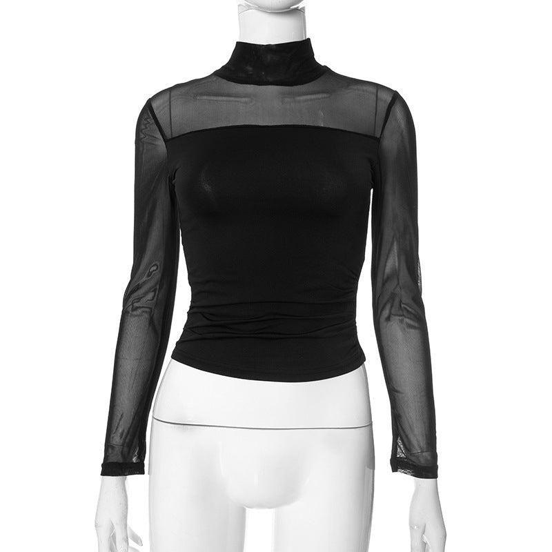 Half Turtleneck Gauzy Stitching T-shirt Top
