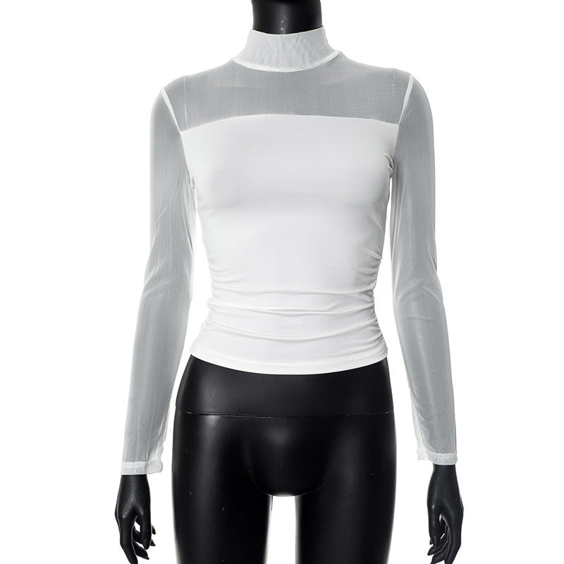Half Turtleneck Gauzy Stitching T-shirt Top