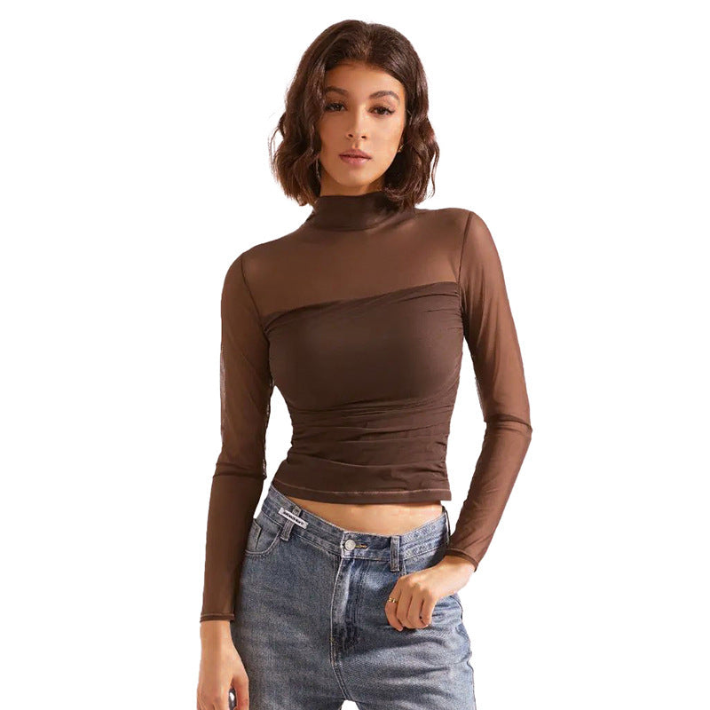 Half Turtleneck Gauzy Stitching T-shirt Top
