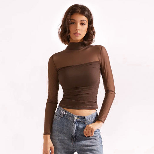 Half Turtleneck Gauzy Stitching T-shirt Top