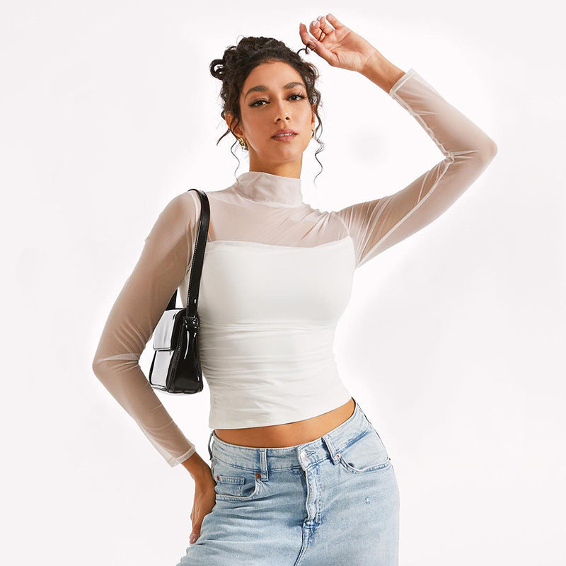 Half Turtleneck Gauzy Stitching T-shirt Top