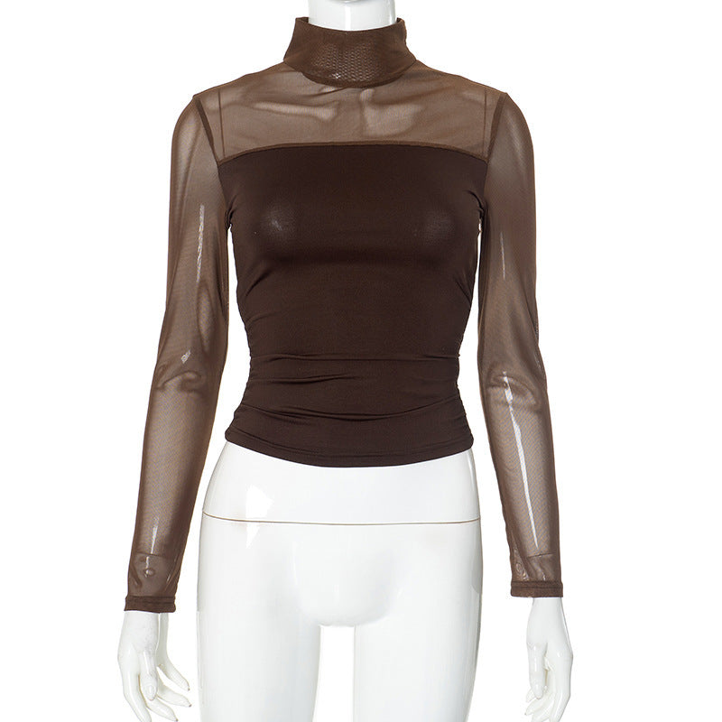 Half Turtleneck Gauzy Stitching T-shirt Top