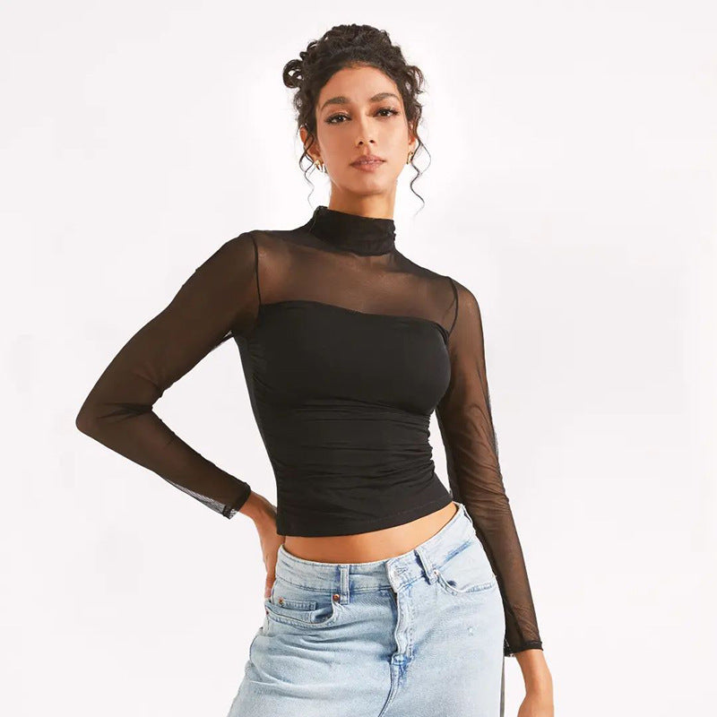 Half Turtleneck Gauzy Stitching T-shirt Top